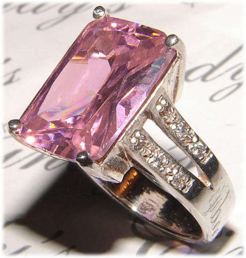 HUGE PINK CZ STERLING SILVER RING.
