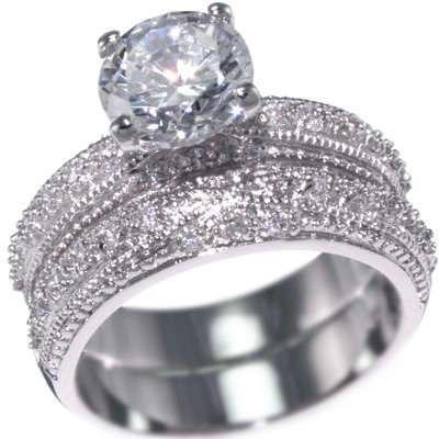 925 Sterling Silver Rhodium Finish CZ Antique Style Wedding Set Ring
