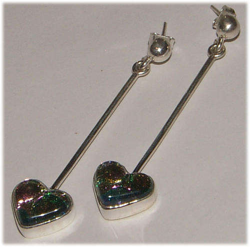 UNIQUE DICHROIC FUSED GLASS JEWELLERY -  HEART LINEAR EARRING S!!!