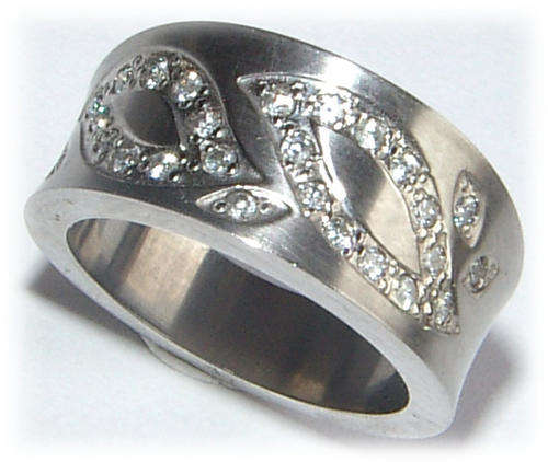 SOLID STAINLESS STEEL BAND RING WITH DIAMOND SIMULANTS - NEW!