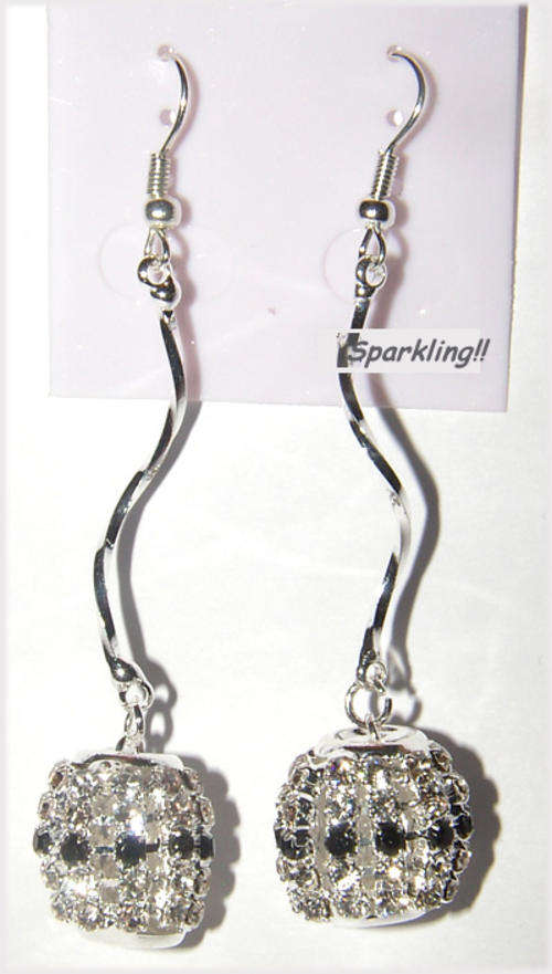 ***SPARKLING!!!*** ---BLACK AND WHITE RHINESTONE DANGLING BALL EARRINGS!!!