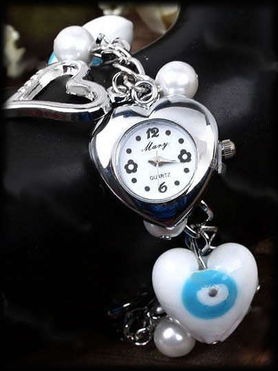 ***CHARM - ING!!*** BLUE LAMPWORK GLASS AND PEARL CHARM BRACELET WATCH!