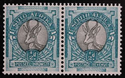 SACC 55h: First Hyphenated issue. ½d grey and blue green pair. (cross hatched Sept. 1947). MH.
