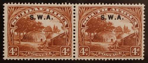 SACC 85: S.W.A. 1927-30. London Pictorial of S.A. 4d brown pair. Overpr. `S.W.A.`  MH.