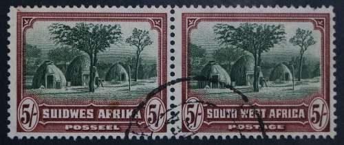 SACC 112: 1931. 1st Pict. of S.W.A. 5s Herero Huis used pr. Wmk. Multiple Sprinbok Head.