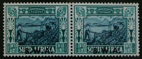 SACC 132:S.W.A.1938.Voortrekker Cent. Mem. Fund of S.A. overpr.`S.W.A.` ½d+½d blue and green pr. MNH