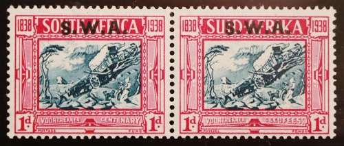 SACC 133:S.W.A.1938. Voort. Cent. Mem. F. of S.A. 1d +1d blue and carmine pr. Overpr. `S.W.A.` MNH.