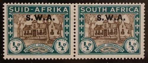 SACC 138:S.W.A.1939.250th Anniv. of Hugenots` stamps of S.A. overpr. S.W.A. ½d+½d br. and gr. pr. MH