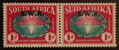 SACC 139:S.W.A.250th Anniv. Huguen. landing, stamps of S.A. Overpr. `S.W.A`.1d + 1d gr. and carm.pr