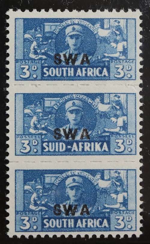 SACC 153:S.W.A.1943-44.Reduced War Eff of S.A. overpr. `S W A`. 3d blue strip of 3. MNH.
