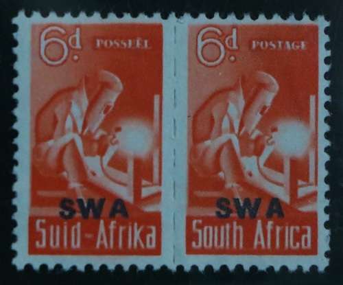 SACC 155:S.W.A.1943-44. Reduced War Eff. of S.A. overpr. `S W A`. 6d red-orange pair. M(NH).