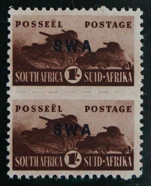 SACC 156:S.W.A.1943-44.Reduced War Eff of S.A. overpr. `S W A` 1s chocolate pair(small overprint)MNH