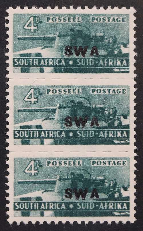 SACC 154:S.W.A. Red. W. E. overp.`S W A` 4d slate-green strip of 3.Nearly MNH, very faint hinge-mark