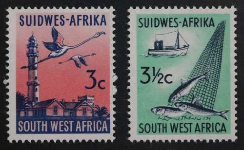 SACC 204, 205: 1961. 1st Dec. Def. iss. of S.W.A. 3c Swakop. lighth., 3½c Fishing ind. Both MNH.