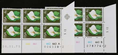 SACC 362: 2nd Def. iss. 4c: 6 Contr. blks., A and B, Cyl.No. 660 - 663, with different dates. MNH.