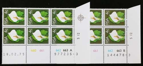 SACC 362: 2nd Def. iss. 4c: 6 Contr. blks., A and B, Cyl.No. 660 - 663, with different dates. MNH.