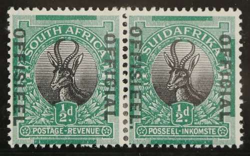 SACC 8b: Off of S.A.1929. ½d green and bl. pr. Overpr. read down. Stop after `Offisieel` Afr. stamp.