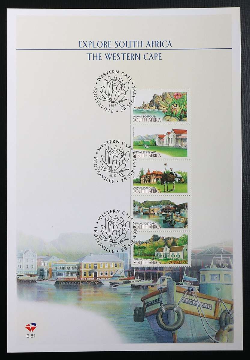 SACC 1129-1133 on FDC 6.81: Explore S.A. The Western Cape . Strip  5 stamps imperf on the left. MNH.