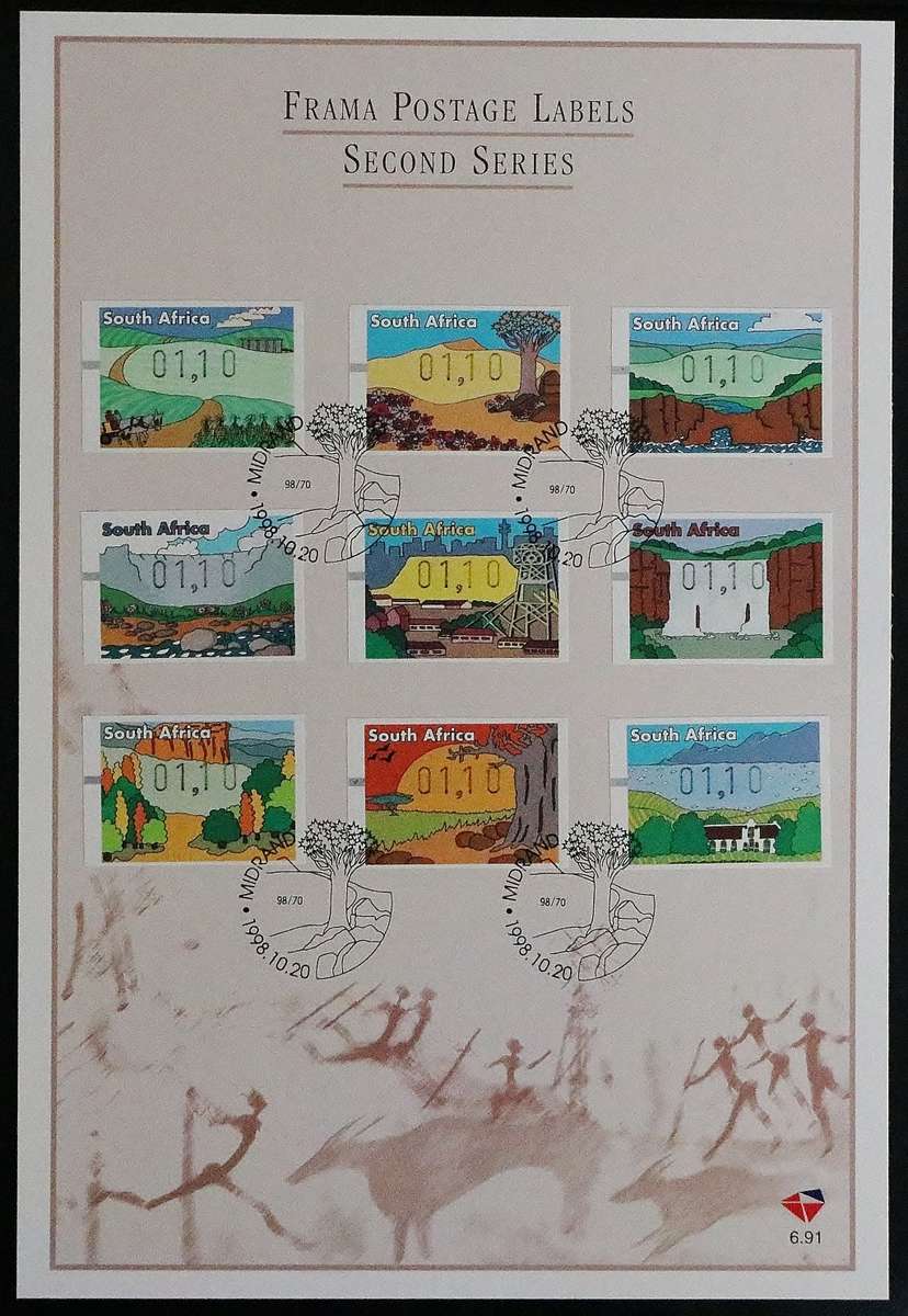 SACC 1147-1155 on FDC 6.91: 1998. 2nd Series Frama postage lables. Imperf. (R1.10)MNH