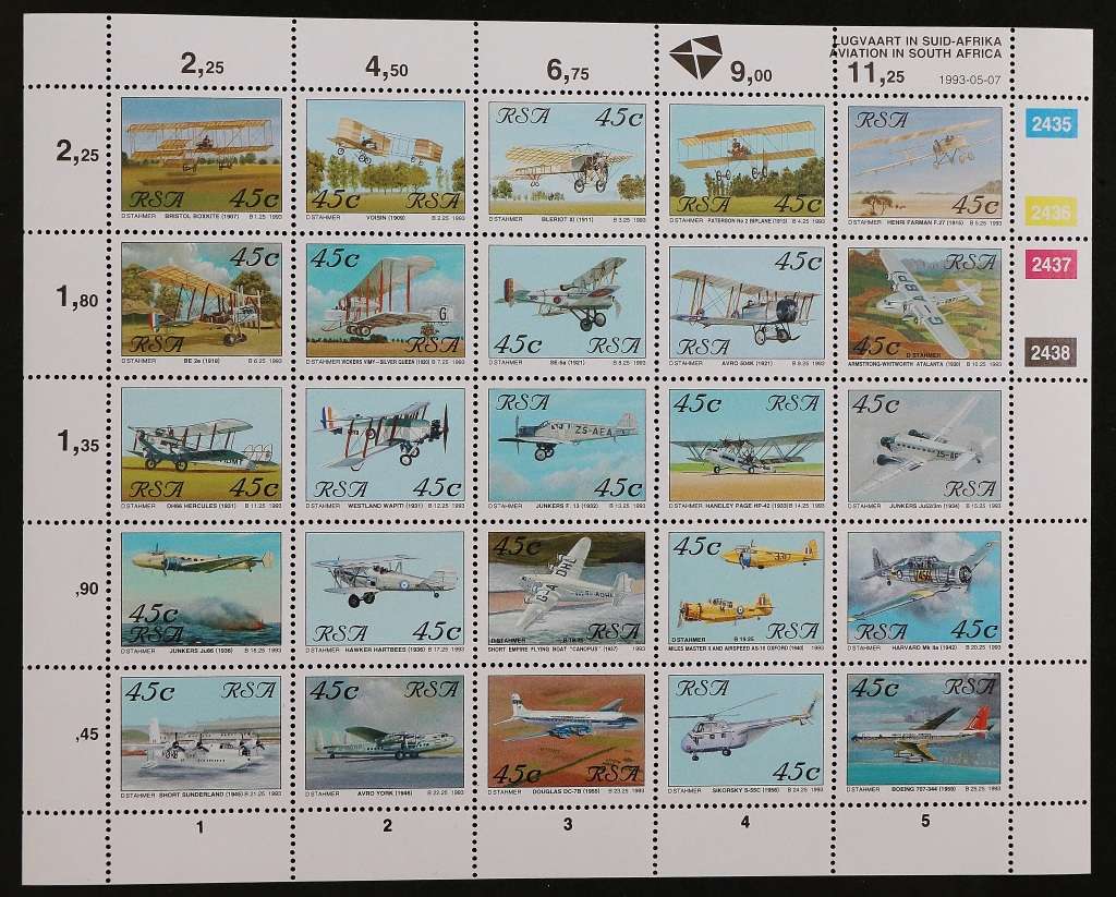 SACC 822: 1993. Aviation in S.A. Sheetlet of 25 diff. 45c stamps of planes. MNH