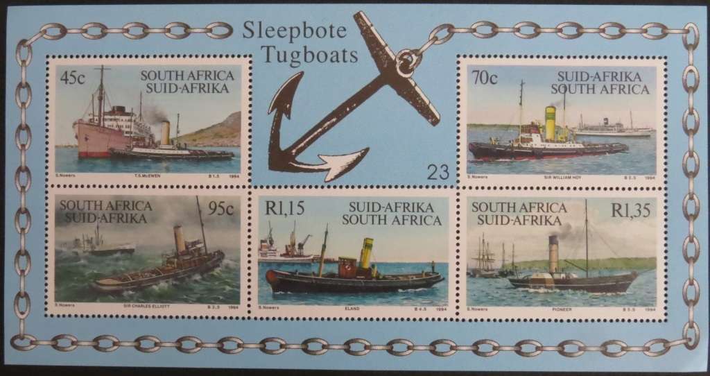 SACC 871:  1994.  S.A.Tugboats. Miniature Sheet No. 23.  5 stamps, diff. boats MNH.