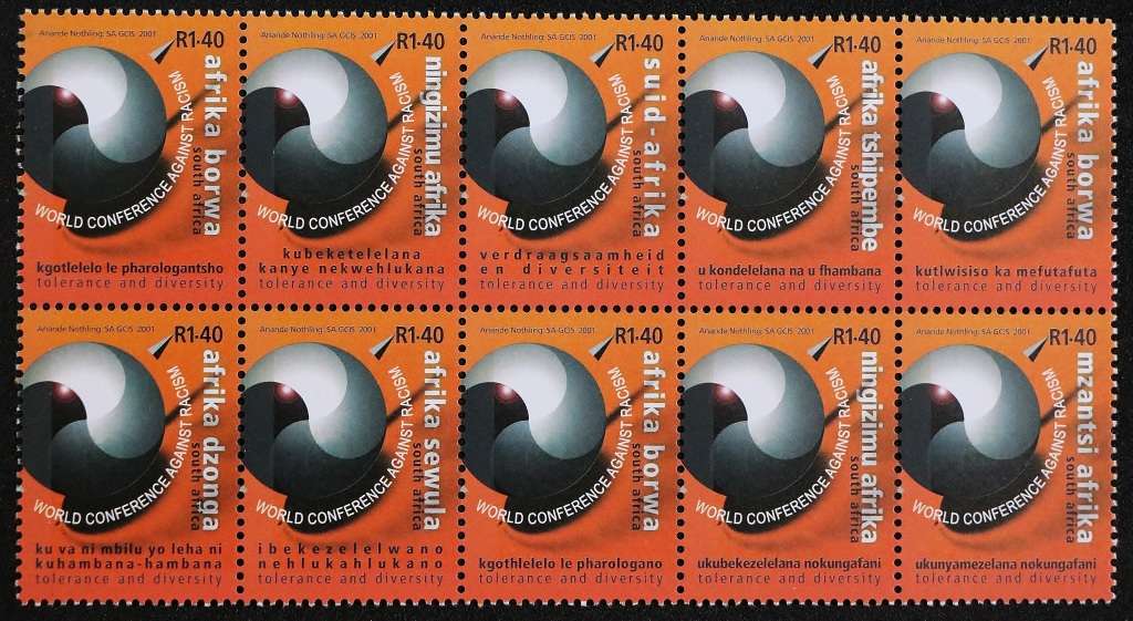 SACC 1422-1431: 2001. World Conf. Against Racism. R1.40: Setent. blk of 10 using all off. Lang.MNH