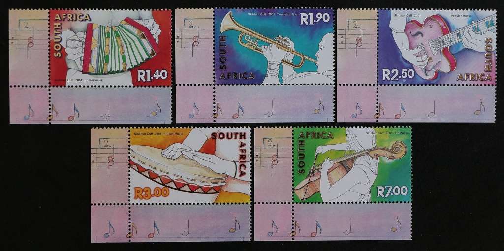 SACC 1434-1438: 2001. Celebr. of Music in S.A. Set of 5 cor. singles(also set without margins)MNH