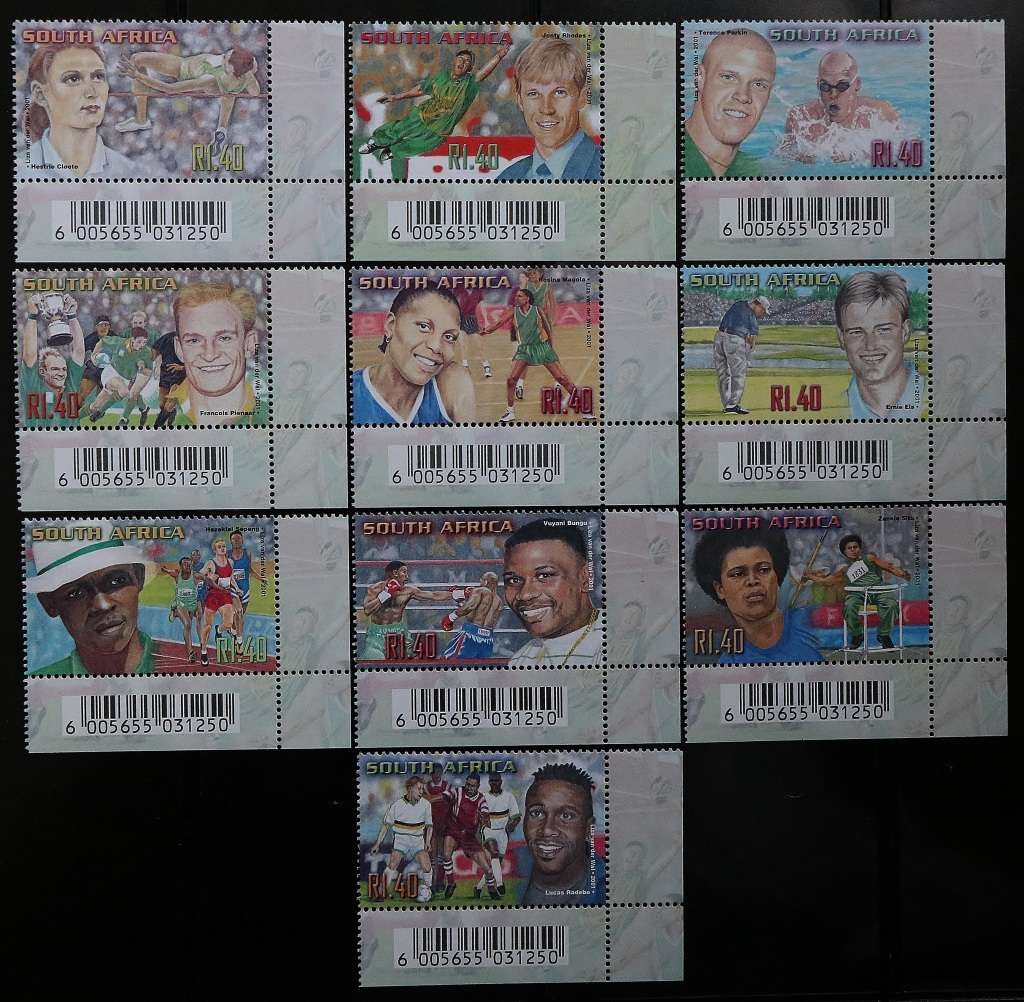 SACC 1348-1357: 2001. S.A. Sporting Heroes. Set of 10 cor. singles(Also set without marg.) MNH.