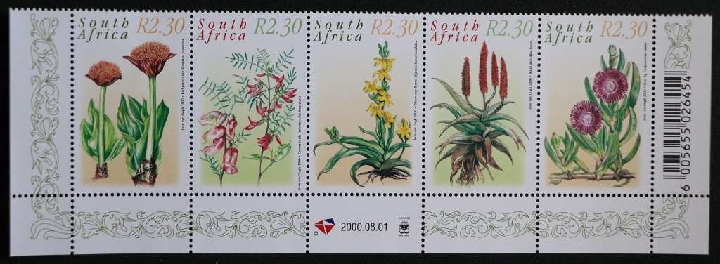 SACC 1270-1279: 2000. Medicinal Plants. Set of 10 (two setenant strips of 5). R1.30 and R2.30.MNH