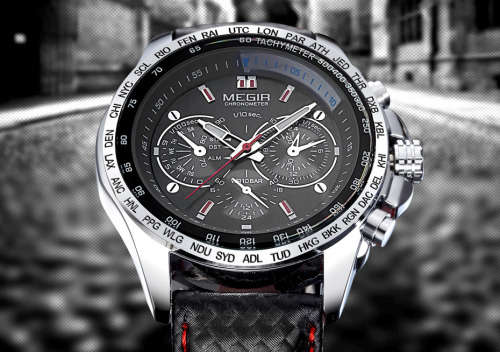 MEGIR 1010 MENS LEATHER WRIST WATCH WITH WATCH BOX