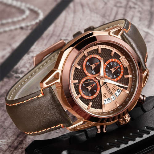 *LOWEST SHIPPING* Megir Chronograph Mens Leather Watch With Watch Box