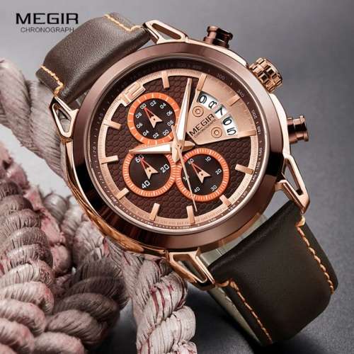 *LOWEST SHIPPING* Megir Chronograph Mens Leather Watch With Watch Box