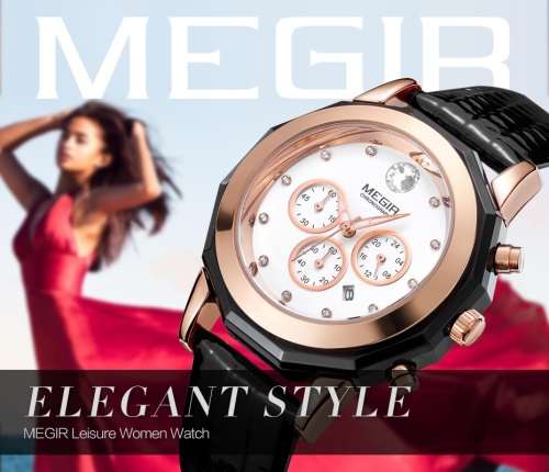 **LOW SHIPPING** MEGIR 2042 WOMENS CHRONOGRAPH LEATHER WATCH WITH WATCH BOX