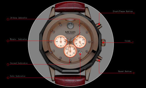 Megir Womens Red Fully Functional Chronograph Watch