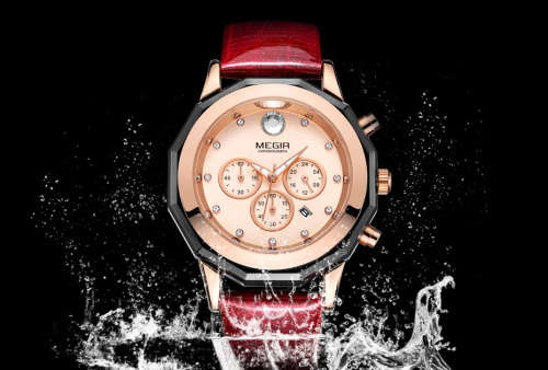 Megir Womens Red Fully Functional Chronograph Watch