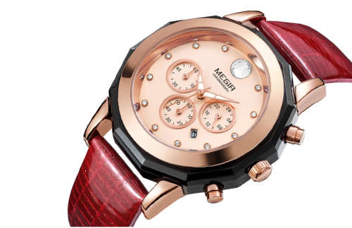 Megir Womens Red Fully Functional Chronograph Watch