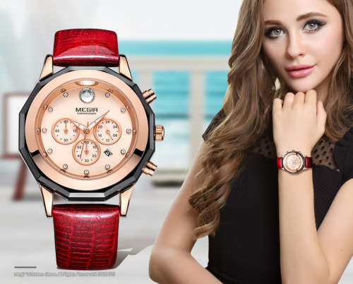 Megir Womens Red Fully Functional Chronograph Watch