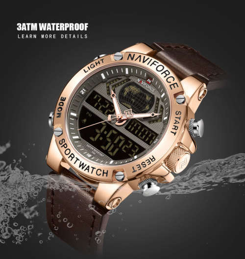 NAVIFORCE MENS DIGITAL CHRONOGRAPH GENUINE LEATHER BROWN WATCH