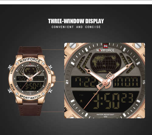 NAVIFORCE MENS DIGITAL CHRONOGRAPH GENUINE LEATHER BROWN WATCH