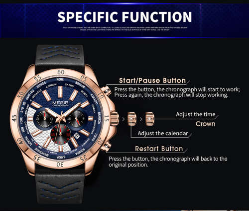 MEGIR 2103 MENS BLUE FULLY FUNCTIONAL CHRONOGRAPH WATCH