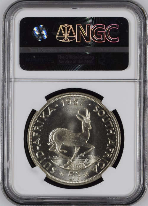 South Africa Silver 1957 Crown / 5 Shillings NGC Graded PL66