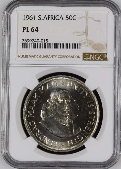 South Africa Silver 1961 Crown / 50 cent NGC Graded PL64