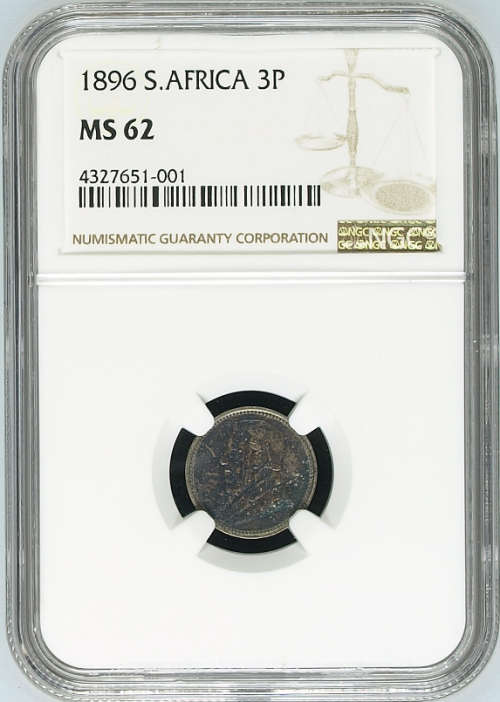 South Africa ZAR Silver 1896 Threepence NGC Graded MS62
