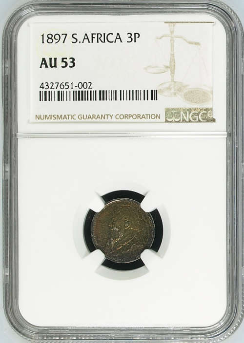 South Africa ZAR Silver 1897 Threepence NGC Graded AU53