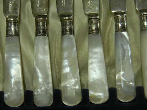 C.1910 Stunning Edwardian 12 Place Silver Collared Mother of Pearl Fish Set - in original box