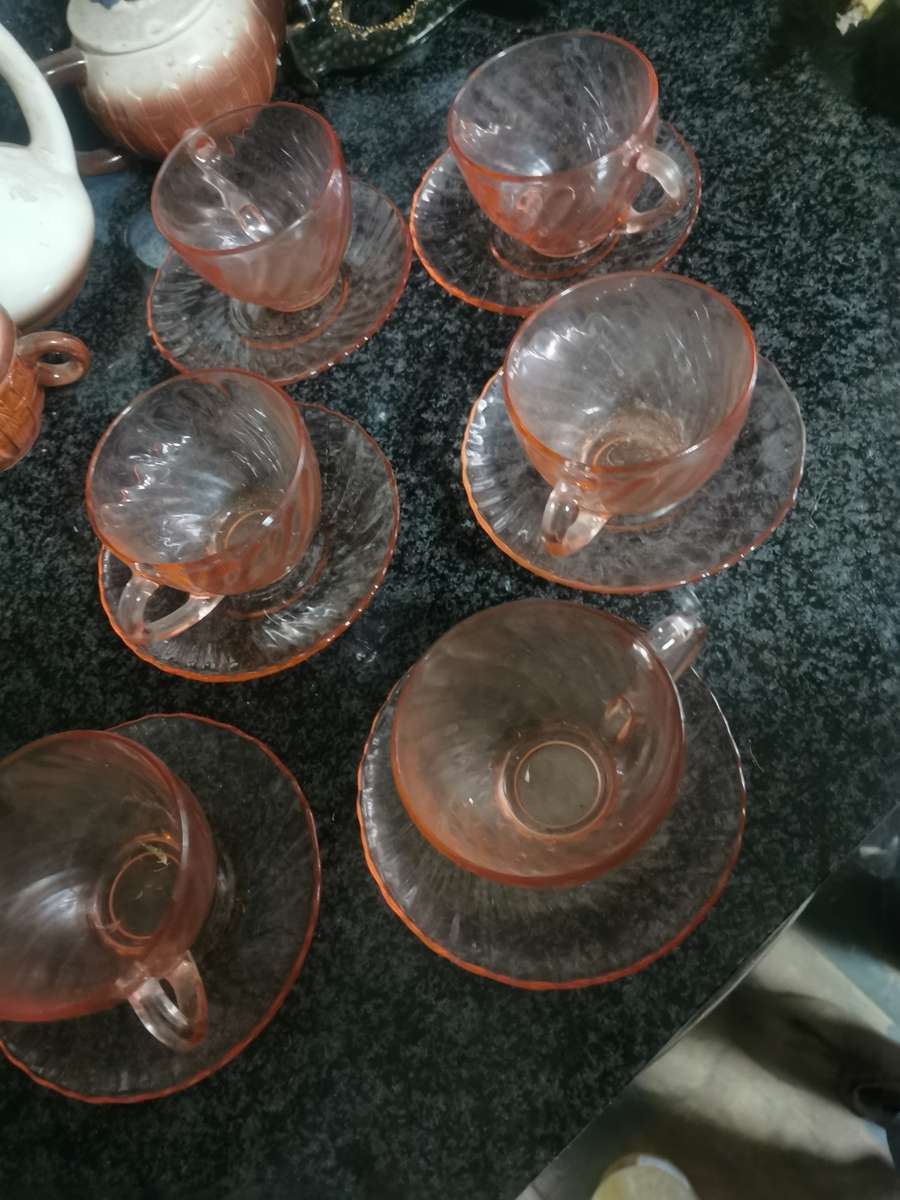 ANTIQUE ROSALINE  ARCOC PINK SWIRL  12 PIECE CUPS AND SAUCERS