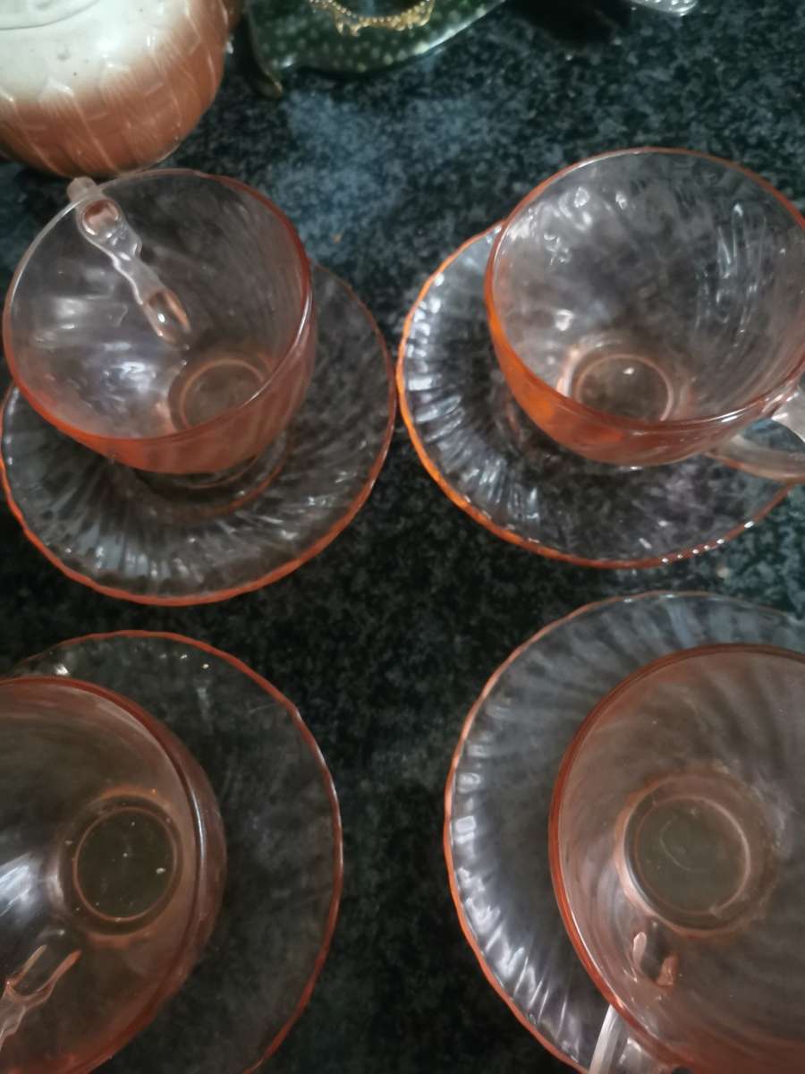 ANTIQUE ROSALINE  ARCOC PINK SWIRL  12 PIECE CUPS AND SAUCERS