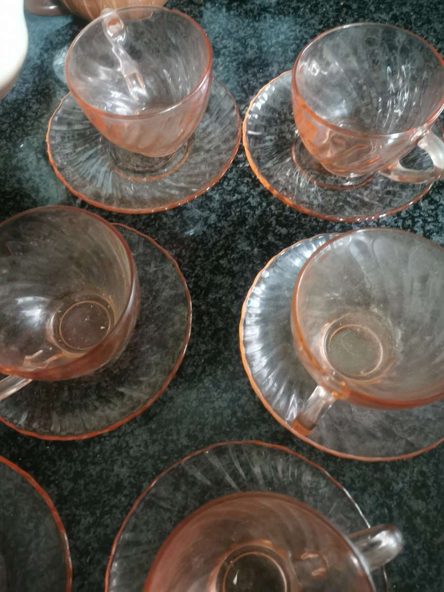 ANTIQUE ROSALINE  ARCOC PINK SWIRL  12 PIECE CUPS AND SAUCERS