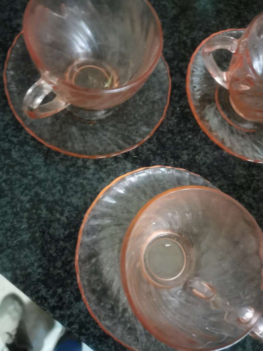 ANTIQUE ROSALINE  ARCOC PINK SWIRL  12 PIECE CUPS AND SAUCERS