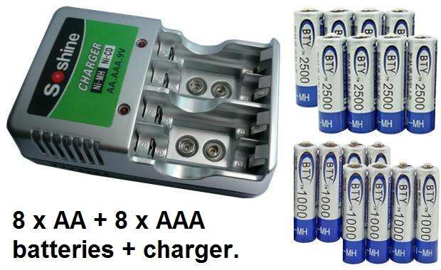 **FREE POSTAGE**16 x Rechargeable Batteries (8 x AAA + 8AA) + Charger. !!!Super price and quality.
